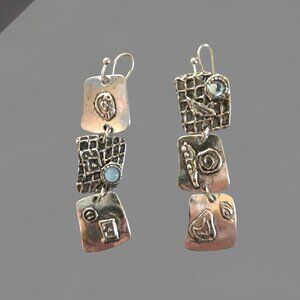 Silver Abstract Square Dangle Boho Earrings with Blue Crystal - New